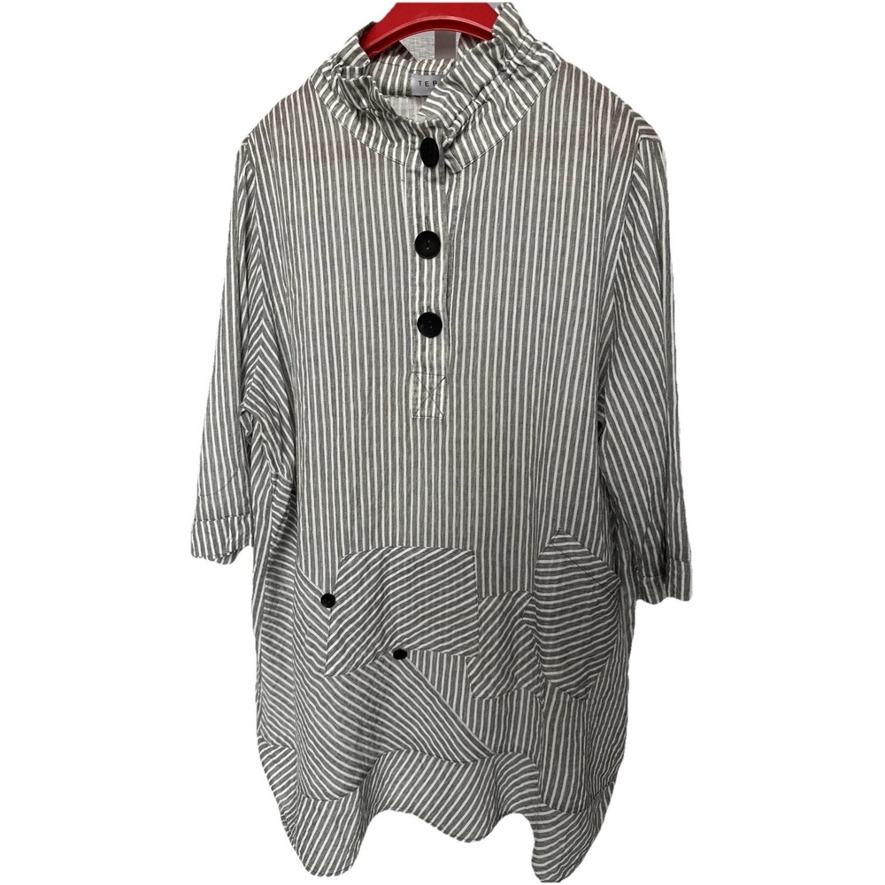 Terra XL Gray White Stripe Cotton Tunic Button Front Oversized Top